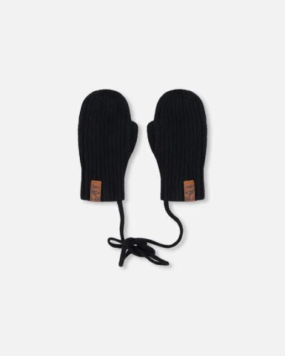 Deux Par Deux Kids'  Gender Inclusive Rib Knit Mittens With Cord In Black