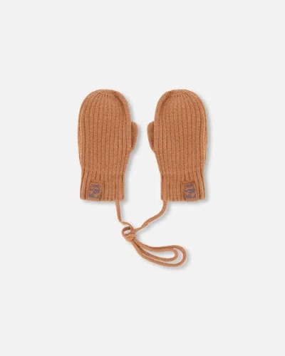 Deux Par Deux Kids'  Gender Inclusive Rib Knit Mittens With Cord In Brown