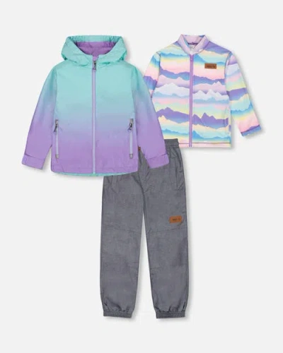 Deux Par Deux Kids'  Girl's 3-in-1 Mid-season Outerwear Set Turquoise And Mauve Gradient