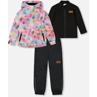 Deux Par Deux Kids'  Girl's 3-in-1 Mid-season Outerwear Set With Printed Jacket Black And Multicolored Flow In Black And Multicolored Flowers