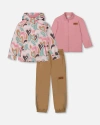 Deux Par Deux Girl's 3-in-1 Mid-season Outerwear Set With Printed Jacket Light Pink And Beige Pant In Pink