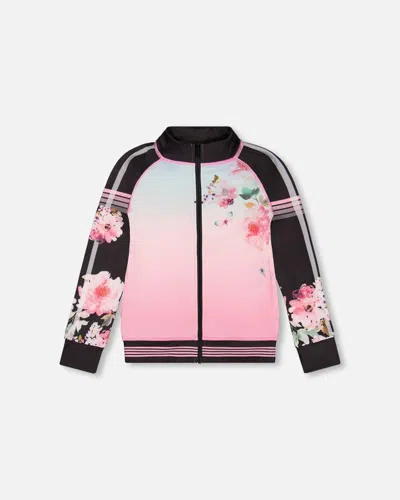 Deux Par Deux Kids' Girl's Athletic Jacket Gradient Pink Printed Big Flowers