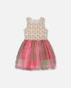 Deux Par Deux Girl's Bi-material Cotton And Mesh Dress Small Flowers And Multicolored Gradient Skirt In Small Flowers And Multicolored