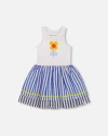 Deux Par Deux Girl's Bi-material Cotton And Seersucker Dress White And Royal Blue In White And Royal Blue