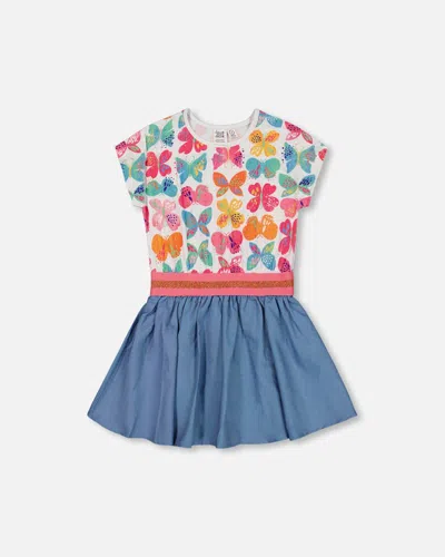 Deux Par Deux Kids' Girl's Bi-material Dress With Chambray Skirt And White Printed Butterflies