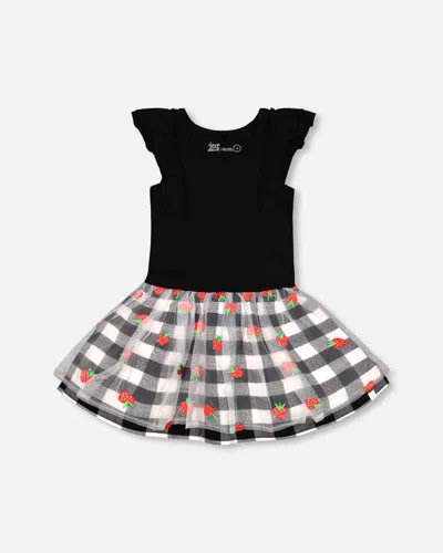 Deux Par Deux Kids' Girl's Bi-material Dress With Mesh And Vichy Skirt In Black