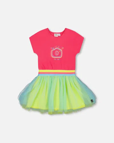 Deux Par Deux Kids' Girl's Bi-material Dress With Mesh Skirt Fuchsia Pink