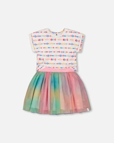 Deux Par Deux Kids'  Girl's Bi-material Dress With Mesh Skirt Multicolored Tie Dye And White