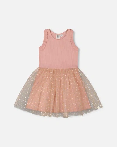 Deux Par Deux Girls' Bi-material Dress With Printed Dots On Mesh Skirt Warm - Big Kid In Warm Old Pink