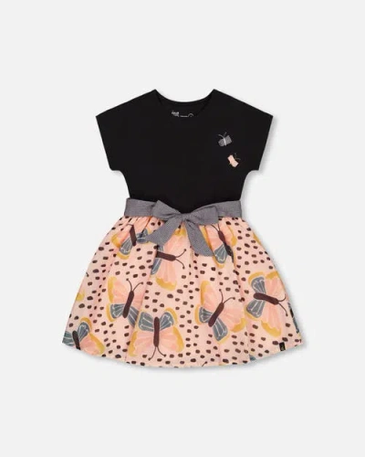 Deux Par Deux Girls' Bi-material Dress With Printed Butterflies Skirt - Big Kid In Black, Pink, And Butterflies