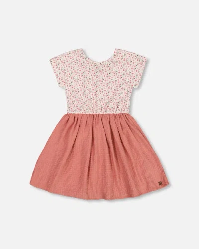 Deux Par Deux Girls' Bi-material Dress With Printed Top - Big Kid In Small Flowers And Pink