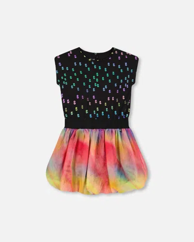 Deux Par Deux Kids' Girl's Bi-material Dress With Rainbow Mesh Bubble Skirt In Black With Metallic Flower