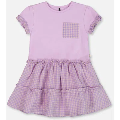 Deux Par Deux Girls' Bi-material Dress With Ruffle Gingham Skirt - Big Kid In Lilac And White