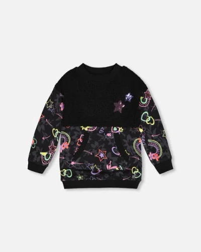 Deux Par Deux Kids'  Girl's Bi-material French Terry And Soft Fleece Tunic With Pocket Black Printed Rainbo In Printed Hearts & Rainbows