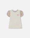 Deux Par Deux Girl's Bi-material Organic Cotton Top With Puff Sleeve Pink Flowers On Cream Backgroun In Pink Flowers On Cream