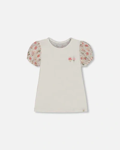 Deux Par Deux Kids'  Girl's Bi-material Organic Cotton Top With Puff Sleeve Pink Flowers On Cream Backgroun