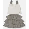 Deux Par Deux Girl's Bow Top And Ruffled Skirt Set White And Black Striped In White And Black Striped