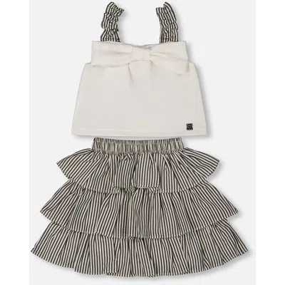 Deux Par Deux Kids'  Girl's Bow Top And Ruffled Skirt Set White And Black Striped