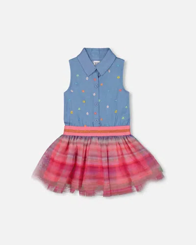 Deux Par Deux Kids' Girl's Chambray And Tulle Rainbow Mesh Dress
