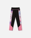 Deux Par Deux Girl's Colorblock Athletic Leggings Black And Multicolored Butterflies In Black And Multicolored