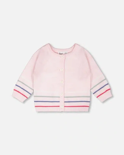 Deux Par Deux Babies'  Girl Cotton Knit Striped Button Front Cardigan In Pink
