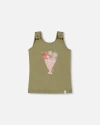 Deux Par Deux Girl's Crinkle Jersey Tank Top Floral Olive Green In Floral Olive Green