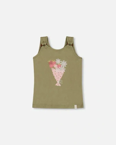 Deux Par Deux Kids'  Girl's Crinkle Jersey Tank Top Floral Olive Green