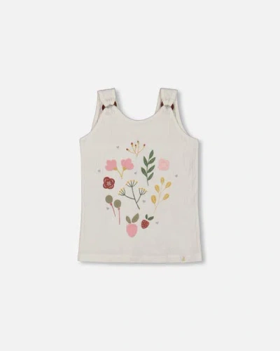 Deux Par Deux Kids'  Girl's Crinkle Jersey Tank Top Pink Flowers On Cream Background