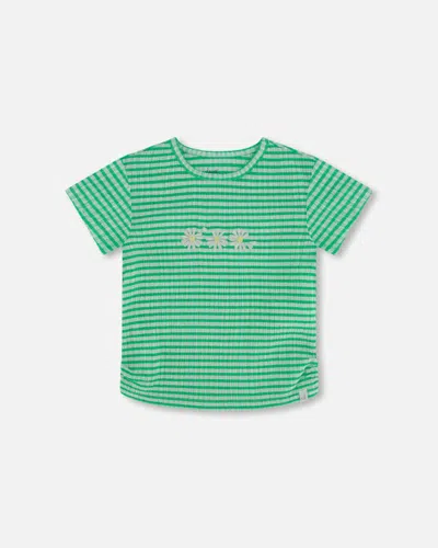 Deux Par Deux Kids' Girl's Crinkle Jersey Top With Flower Applique Vichy Green