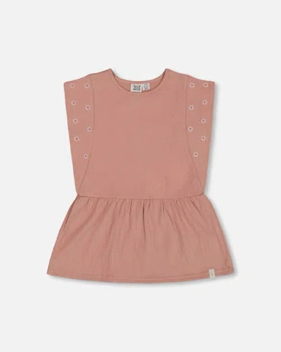 Deux Par Deux Kids'  Girl's Crinkle Jersey Tunic With Embroidery Dark Old Pink