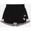 Deux Par Deux Little Girl's Crinkle Short With Frills Black And Butterflies In Black And Butterflies