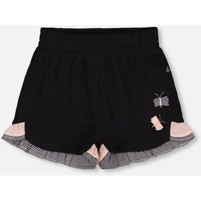 Deux Par Deux Kids'  Little Girl's Crinkle Short With Frills Black And Butterflies