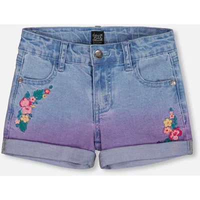 Deux Par Deux Kids'  Girl's Cuffed Denim Shorts With Embroidery Floral Jeans Blue