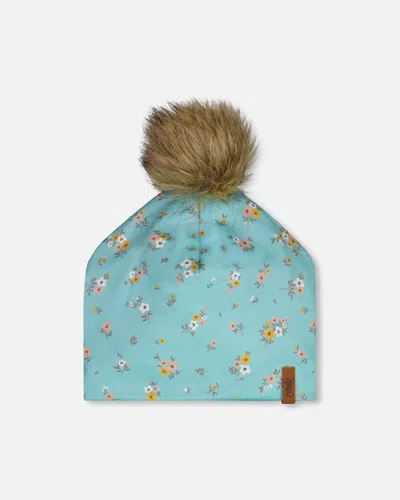 Deux Par Deux Kids'  Girl's Detachable Pompom Hat Blue Little Flowers Print