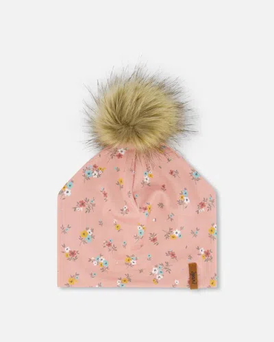 Deux Par Deux Kids'  Girl's Detachable Pompom Hat Pink Little Flowers Print