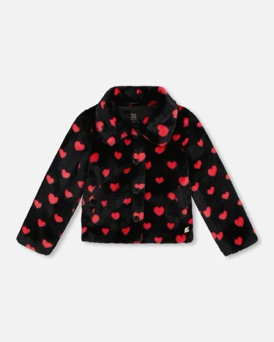 Deux Par Deux Babies'  Girl Faux Fur Short Coat With Hearts In Black