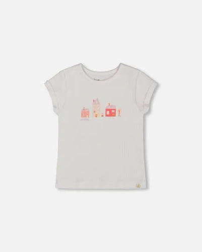 Deux Par Deux Kids'  Girl's Flat Back Rib Top With Print White And Pink House