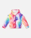 DEUX PAR DEUX GIRL'S FRENCH TERRY HOODED CARDIGAN PRINTED RAINBOW HEART