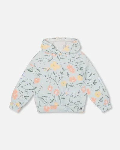 Deux Par Deux Kids' Girl's French Terry Hooded Sweatshirt Baby Blue With Printed Romantic Flower In Baby Blue With Romantic