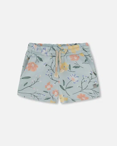 Deux Par Deux Kids' Girl's French Terry Short Baby Blue With Printed Romantic Flower In Baby Blue Printed Romantic