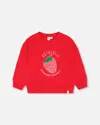 DEUX PAR DEUX GIRL'S FRENCH TERRY SWEATSHIRT WITH STRAWBERRY APPLIQUE TRUE RED