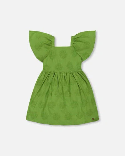 Deux Par Deux Kids'  Girl's Frill Sleeve Dress With Embroidery Green