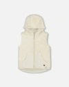 Deux Par Deux Girl's Hooded Vest With Pocket Beige In Off White