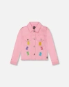 Deux Par Deux Girl's Jean Jacket With Embroidery Pink And Multicolored Gummies In Pink And Multicolored Gummies