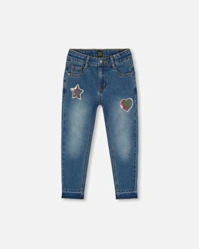 Deux Par Deux Kids'  Girl's Jeans With Embroidery Patch Blue Denim In Navy Denim