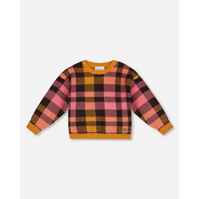 Deux Par Deux Kids'  Girl's Knit Top Plaid Magenta And Brown In Plaid Pink & Brown