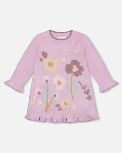 Deux Par Deux Kids'  Girl's Knitted Dress With Flowers Lilac In Lavender Herb