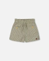 Deux Par Deux Girl's Linen Short With Pockets Medium Green And Cream Striped In Medium Green And Cream Striped