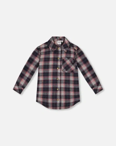 Deux Par Deux Kids'  Girl's Long Sleeve Button Front Tunic Flannel Shirt Plaid Navy And Pink In Plaid Outdoor