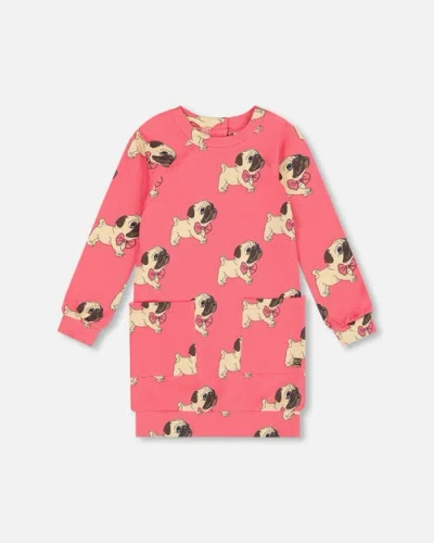 Deux Par Deux Kids'  Girl's Long Sleeve Fleece Dress With Pocket Magenta Printed Pug In Printed Puppy Pug